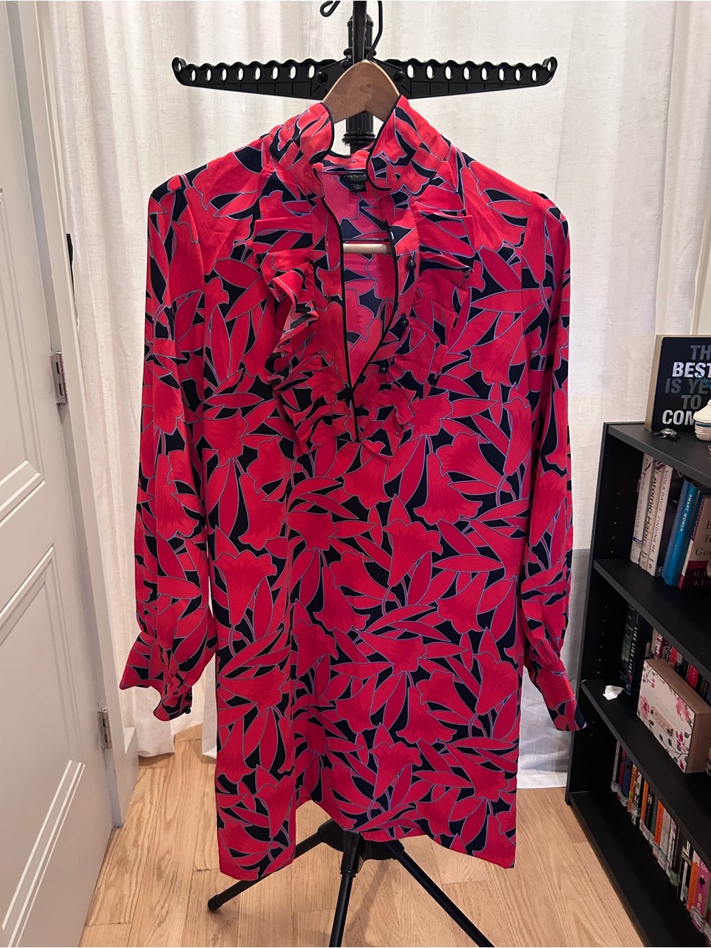 Ann Taylor Pink and Black Floral Ruffle-Trim Long Sleeve Dress